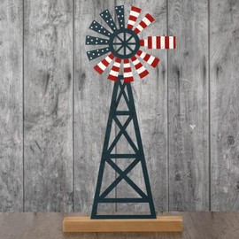 Tandefio Patriotic Farmhouse Windmill Table Top 11.8 Inch Metal Rusted 4th of July Vintage Desk Shelf Decor Farmhouse Kitchen American Flag Red White Blue Windmill for Memorial Day Rustic Home Decor