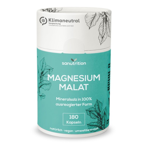 Magnesium Malate 800 mg per Capsule, 180 Capsules, High Dose, Covers 100% of the Daily Requirement for Magnesium, Magnesium with Particularly Good Tolerance, Vegan
