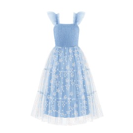 Arshiner Summer Dress for Girls Easter Blue Floral Ruffle Sleeve Smocked Tulle Flowy Tiered Dresses Size 7-8