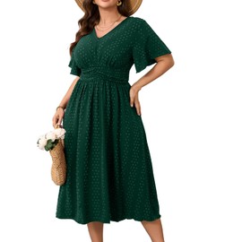 RWJ Women's Plus Size Maxi Dress Flutter Casual V Neck Swiss Dot Short Sleeve A Line High Waist Boho Swing Long Dresses 2025 Green