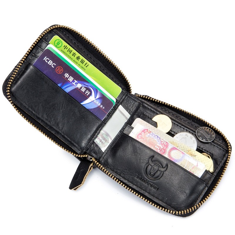 BULLCAPTAIN Mens Leather Wallet Zipper RFID Blocking Wallets Coins Purse