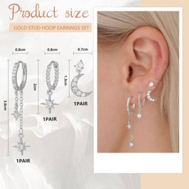 Goiern Earrings Set of 3 Pairs Silver Moon and Stars Cubic Zirconia Earrings Hoop Earrings with Pendant Minimalist Earings, silver