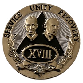 18 Year AA Medallion - Black & Silver Bill and Bob Founders Medallion, Chip, Sobriety Token with Crystal