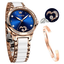 OLEVS Women's Watches with Automatic Winding Women's Watches in Rose Gold with Diamonds Luxury Dresses White Ceramic Wristwatches Women's Wristwatches, 6631 Blue