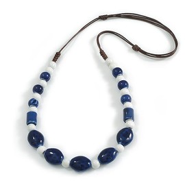 Blue Oval and White Round Ceramic Bead with Brown Silk Cords Necklace/50cm L Minimum/Adjustable/Slight Variation In Colour/Natural Irregularities