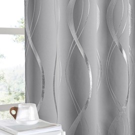 NICETOWN Kitchen Blackout Curtain Panels, Window Treatment Thermal Insulated Solid Grommet Blackout Wave Line Foil Print Design Curtains for Kitchen, Cafe, Loft (Silver Grey, Set of 2, 42 by 63 Inch)