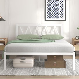 Novilla King Size Bed Frame, Metal Platform Bed Frame with Headboard, Wood Slats Support, No Box Spring Needed, Durable and Safe, Easy Assembly, White
