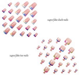 MERVF Square Press on Nails Medium & Press on Toenails for Women Matching Set Colorful French Tip Acrylic Duck Nail with Ombre Design Glue ons Glossy 48pcs Summer