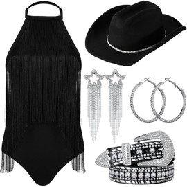 Maiteenly Western Costume for Women Black Cowgirl Hat with Rhinestones 70s 80s Disco Fringe Bodysuit Belt Necklace Earring (X-Large)