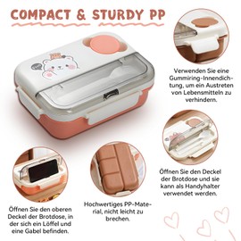 WowWoke 1250 ml Lunch Box with Compartments, Lunch Box for Children/Adults, Reusable Bento Box for School/Work/Picnic, Food-Grade PP, Leak-Proof with Sauce Container (PP, Little Bear Pink)