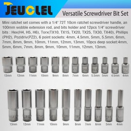 JEUCLEL 37PCS 1/4" Drive Mini Ratchet Set with bits, Torx, Phillips, Hex, Pozidriv, Extension Bar and Bits Holder, 72 Tooth Quick Release Head Mini Ratchet Wrench Screwdriver Bits for Tight Spaces