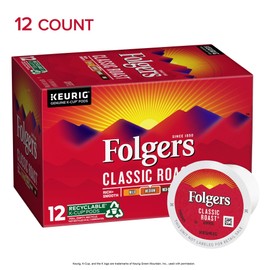 Folgers Classic Roast Medium Roast Coffee, 12 K Cups for Keurig Coffee Makers