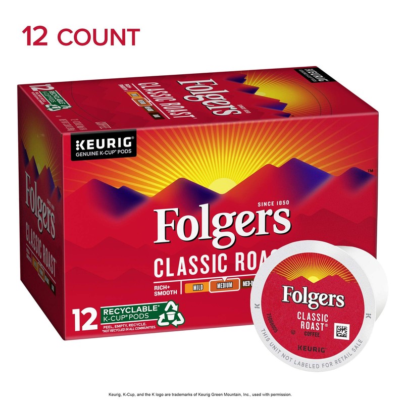Folgers Classic Roast Medium Roast Coffee, 12 K Cups for