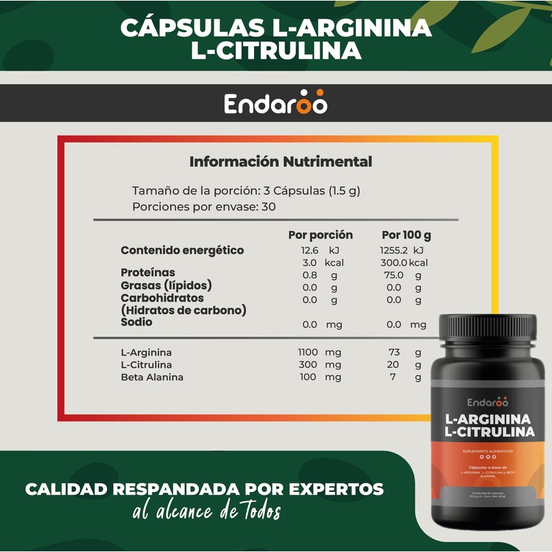 ENDAROO L-Citrulina & L-Arginina | Suplemento Alimenticio | 60 Cápsulas