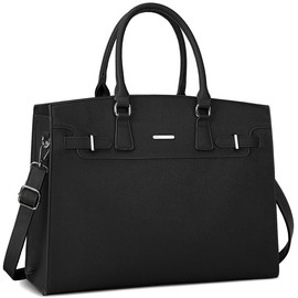 Laptop Bag for Women 15.6 Inch Waterproof Leather Tote Bag Lightweight Business Office Work Bag Large Capacity Professional Briefcase Computer Tote Bag Fashion Handbag Shoulder Bag - Color: Black