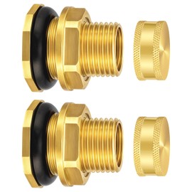 wantmatch 2 Pack Brass Bulkhead Fitting with Plug Double-Threaded 1/2 NPT to 3/4 GHT Tank Adapter for Water Tanks, Rain Barrels, Garden Hoses Corrosion Resistant, Easy to Install