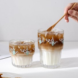 yaocoral Set of 2 Floral Glass Coffee Cup Cute Drinking Glasses Stackable Floral Glass Cups for Juice,Iced Coffee,Milk,Tea,Dessert,Flower Teacups Glassware Drinkware Set(green)