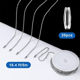 Xinjoduz 16.4 ft Ball Chain, 2.4mm Silver Stainless Steel Chain Necklace Bulk Bead Chain with 20 PCS Ball Chain Connectors Clasps Military Dog Tag Chains for Jewelry Making Bracelets Craft Supplies
