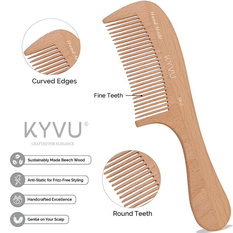 KYVU W6 Handmade 19.0 cm Fine-Tooth Wooden Comb with Handle