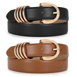 JASGOOD 2 Pack Women's Leather Belts for Jeans Pants Fashion Ladies Dress Waist Belts with Gold Buckle (Black+Brown, Fit waist 36''-40'')