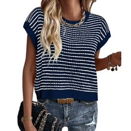 PRETTYGARDEN Womens Short Sleeve Sweater Spring Summer 2025 Round Neck Striped Pullover Cap Sleeve Knit Sweater Vest Tops(Navy,X-Large)