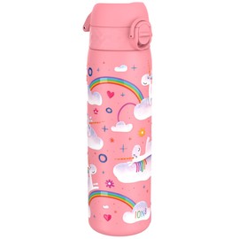 Ion8 Steel Water Bottle, 600 ml/20 oz, Leak Proof, Easy to Open, Secure Lock, Dishwasher Safe, Flip Cover, Fits Cup Holders, Carry Handle, Durable, Metal Water Bottle, Raised Print, Unicorn Rainbows