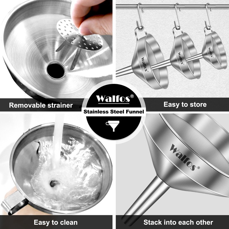 Stainless Steel Funnel, Walfos 3 Pack Kitchen Funnel with 2