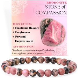 Bivei Crystal Bracelet for Women 6mm Beaded Semi Precious Natural Stone Stretch Elastic Jewelry Yoga Gifts(Rhodonite - Compassion)