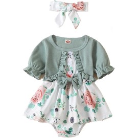 Juflam Newborn Baby Girl Romper Dresses Set Short Sleeve Floral Ruffle Bow Jumpsuit Bodysuit Onesie Floral Skirt Hem Clothing Sets, B-style green, 6-9 months