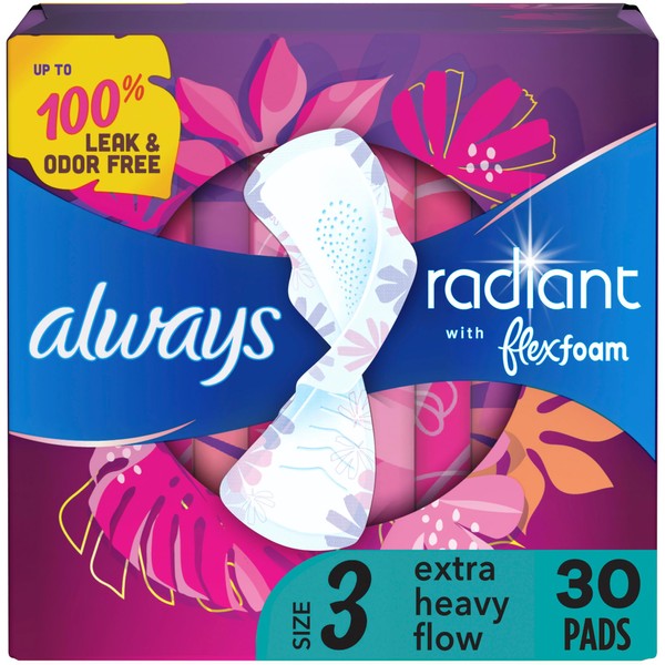 Always Radiant Feminine Pads for Women, Flexfoam Pads with Wings,