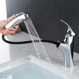 MIAOHUI Chrome Pull Out Bathroom Faucet, Single Hole Bathroom Sink Faucet with 3 Modes Pull Down Sprayer, One Handle Modern Vanity Faucet, Farmhouse Lavatory Faucet