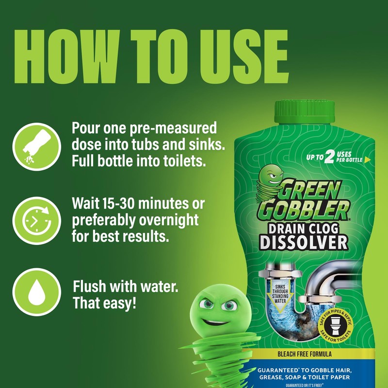 Green Gobbler Drain Clog Dissolver, Drain Opener-Cleaner ,Toilet Clog Remover,