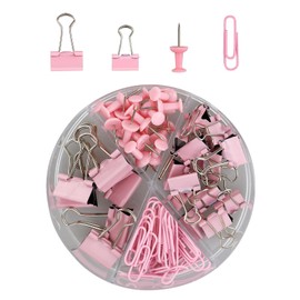 72Pcs Binder Clips Push Pins Set, Pink 4 in 1 Round Box Clip Stationery Set Including 20 Push Pins, 30 Paper Clips, 15 Small Blinder Clips, 7 Large Blinder Clips, Office Supplies Set Paper Clips