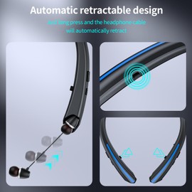 Neckband Bluetooth Headphones, Retractable Headset Wireless Earbuds with Mic, Vibration Alert, IPX5 Sweatproof, Noise Cancelling Stereo Earphones for Running/Sports/Driving/Workouts (black blue)