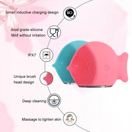 Facial Cleansing Brush, Ultrasonic Face Brush for Deep Cleansing, Gentle Exfoliation and Massage. Ergonomic, non-slip design, Inductive charging. Made with Ultra Hygienic Soft Silicone (GREEN)