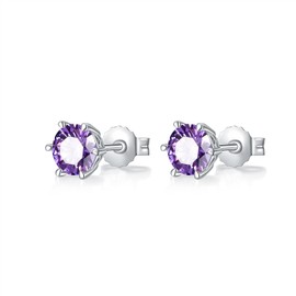 Amethyst Earrings for Women,Amethyst Stone Stud Post Earrings, 925 Sterling Silver Round Cut Cubic Zirconia CZ Stud Earrings for Women Gift (Purple)
