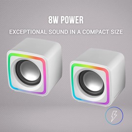 Mars Gaming MSCUBEW White, Compact RGB Gaming Speaker, 8W DSP Sound Processor, Volume Control