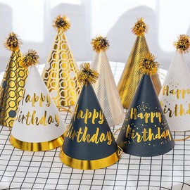 8 Pcs Birthday Party Hats, Black Gold Paper Birthday Party Cone Hat with Pom Poms for Kids Adult, Birthday Party Festivals Photo Prop Decorations