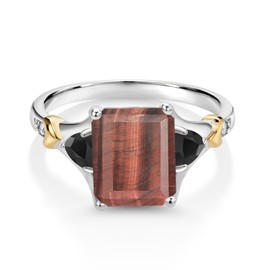 Gem Stone King 925 Silver and 10K Yellow Gold Red Tiger Eye and Black Onyx and Diamond Engagement Ring For Women (3.26 Cttw, Emerald Cut 10X8MM, Trillion 3.5MM) (Size 5)