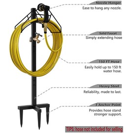 Artigarden Freestanding Outdoor Garden Hose Holder Stand with Brass Faucet, Heavy Duty Metal Water Hose Reel Storage Stake Rack for Backyard, Black (Hose not Included)