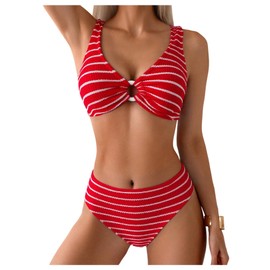 SOLY HUX Women's Striped Bathing Suit V Neck High Waisted Bikini Sets Two Piece Swimsuit Red Striped Medium