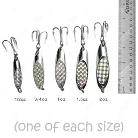 5pcs 5-Size Fish WOW! Fishing Kast Spoon with a Treble Hook Fish Chrome Jig Bait Lures Holographic Laser Silver Tape Kast Master Style Champ Spoons - 1/2oz, 3/4oz, 1oz, 1-1/2oz, 2oz