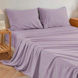 Bedmoon Linen Look Full Sheets, Cotton Like Soft Cationic Sheets, Luxury Deep Pockets Bedding Set with Elastic Corner Straps, Purple