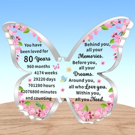 AMZQ Inspirational 80th Birthday Gifts for Women Transparent Butterfly Shape Acrylic Birthday Present Ideas for 80 Year Old Woman