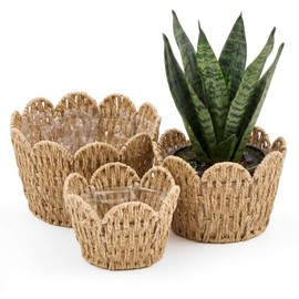 Lounsweer Scalloped Paper Rope Planter Basket Set of 3, Wicker Planter Woven Plant Pot Covers with Plastic Liner for Indoor Use, Decorative Flower Pots for Home Boho Farmhouse Decor