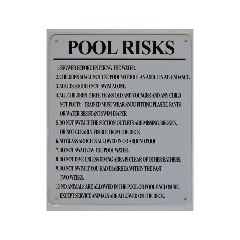 BUILDINGSINGS.COM Pool Risks Sign (White, Rust Free Aluminum 10x12)-REF24-1027