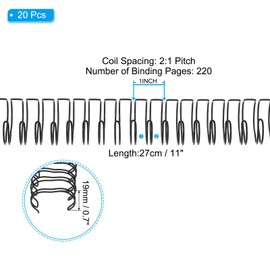 PATIKIL 19mm (3/4") Double Loop Wire Binding Combs, 20 Pcs Metal Twin Loop Binding Coils 180 Sheet Capacity 2:1 Pitch 21 Ring Binding Spines, Black