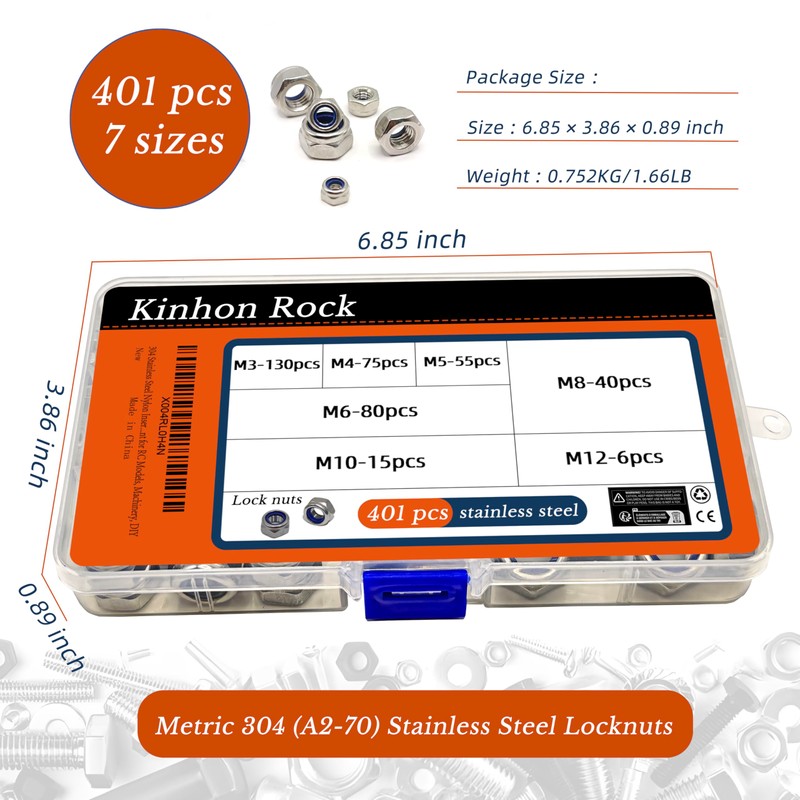 Kinhon Rock 401pcs Metric Nylon Insert Lock Nuts Assortment Set