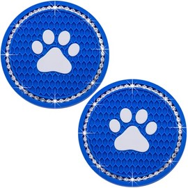 MEAJOO 2PCS Bling Car Cup Holder Coaster, Universal Dog/Cat Paw Auto Non-Slip Crystal Rhinestone Cup Holder Coaster, 2.75In Universal Non-Slip Recessed Car Interior Accessories (Deep Blue & White)