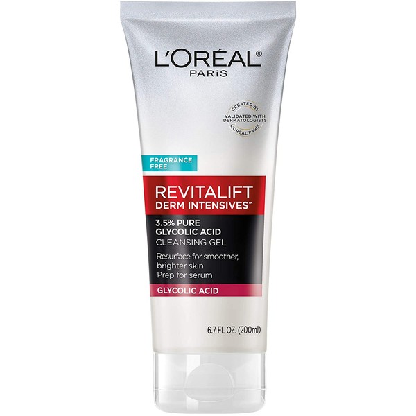 L'Oreal Paris Skincare Revitalift Derm Intensives Gel Cleanser with 3.5% Pure Glycolic Acid, Salicylic Acid to resurface and prep skin for serum, 6.7 fl oz